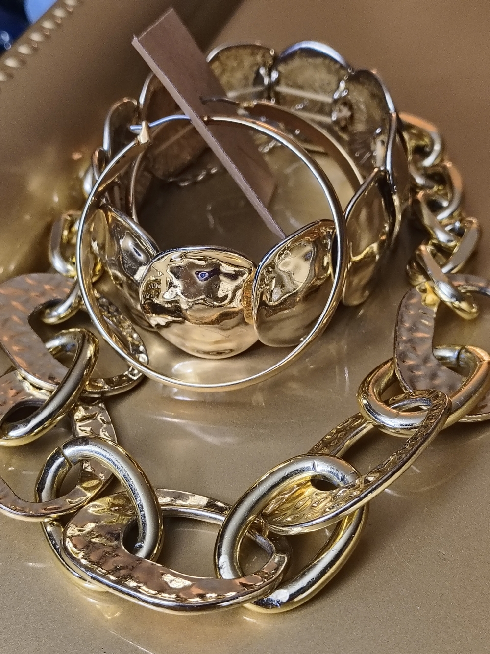 Gold-Tone Statement Bracelet Necklace and Hoops Set